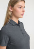 A women's short sleeve polo in dark grey, featuring a collar and button placket, with a logo on the chest.