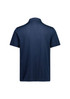 A navy short sleeve polo shirt with a classic collar and a logo on the back.