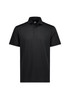 A black short sleeve polo shirt with a collar and button placket, featuring a logo on the upper side.