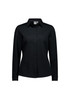 A black long sleeve button-up shirt for women featuring a collar and a logo.