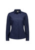 A women's long sleeve button-up shirt in navy blue with a fitted design and a logo on the chest.