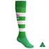 A pair of green and white knee-high football socks featuring a logo.