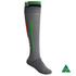 A pair of grey knee-high football socks with a logo, featuring green and red accents.