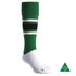 A green knee-high football sock featuring black stripes and a white foot section. Includes a logo in the corner.