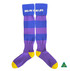Purple and blue striped knee-high football socks with yellow accents and a logo.