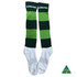 Green and black striped knee-high football socks with white soles and a branded logo.
