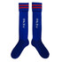 Premium knee-high football socks in blue with red stripes and a logo. Suitable for sports or casual wear.