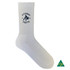 A white sock featuring a ribbed design and a logo on the upper section.