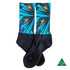 Full leg sublimation socks featuring a vibrant blue and black design with yellow accents. Includes a logo.