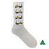 A full leg sublimation sock in white featuring yellow trucks in a repeat pattern, with a logo on the side.