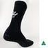 A black sock with a ribbed design and textured grip dots on the sole. It features a logo on the side.