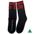 Black bamboo work socks with red detailing and branding, featuring a commemorative "50 Years" design.