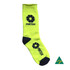 A pair of bright yellow cotton full terry work socks with dark blue accents and a logo.