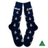 Navy blue socks with a leaf pattern and a logo, featuring a design that highlights bamboo.