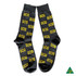 A pair of dark grey socks featuring a repeating yellow logo pattern. The socks include a branding logo.
