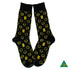 Bamboo dress and business socks in black with yellow smiley face patterns and decorative symbols. Contains branding.