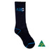 A heavy-duty boot sock in navy blue with light blue accents and a logo. Features ribbed texture.