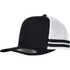 A black and white striped trucker cap featuring a solid front and mesh back, with an adjustable snapback closure.