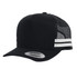 A classic black trucker cap with striped detailing and a mesh back, featuring a snapback adjuster.