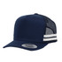 A navy trucker cap with white striped detailing and a mesh back, featuring a logo on the front.