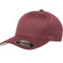 A maroon cap with a curved brim and a logo patch on the side.