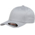 A grey cap with a curved brim and a fitted design, featuring a logo on the side.