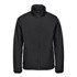 A black thermal jacket with a high collar and front zip, featuring pockets and a logo.