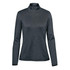 A women's pullover in dark grey with a 1/4 zip and long sleeves, featuring a logo on the side.