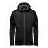 A black hoody featuring a zip front, a hood, and a soft inner lining, with side pockets and a logo.