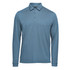 A long-sleeve micro pique polo in a blue-grey shade, featuring a collar and three-button placket. It has a logo.
