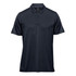 A navy blue men's polo shirt with a collar, short sleeves, and three buttons, featuring a logo.