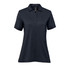 A navy women's polo shirt with a collar, short sleeves, and a button placket, featuring a logo.