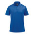 A blue men's polo shirt with a classic collar and buttons, featuring a logo.