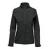 A women's black softshell jacket with a zip front, high collar, and side pockets, featuring a logo.