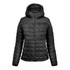 A women's puffer jacket in black featuring a hood and a quilted design with a front zipper.