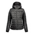 A women's puffer jacket in black, featuring a hood and a quilted pattern. It has a front zip and a logo on the side.