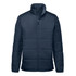 A navy puffer jacket with a high collar and zip front, featuring a subtle logo on the side.