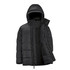 A black puffer jacket with a hood and zippered front, featuring a quilted design and a logo.