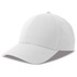 A white cap with a curved brim, featuring stitching details and a logo on the front.