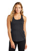 A black racerback tank top with a fitted design, featuring a logo at the hem. Ideal for sports and active wear.