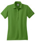 A green polo shirt with a classic collar, button placket, and a logo on the sleeve.