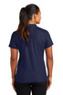 A navy blue polo shirt with short sleeves and a logo on the sleeve, viewed from the back.
