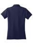 A navy blue polo shirt featuring a collar and short sleeves, with a logo on the back.