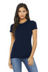 A navy women's t-shirt with short sleeves, featuring a fitted design and a branding logo.