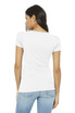 A model wearing a white BELLA+CANVAS women’s t-shirt from the back, paired with light blue jeans.