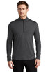 A charcoal grey long-sleeve 1/4-zip pullover shirt with a logo on the chest.