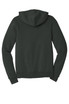 A dark green unisex hoodie with a full zip, featuring a hood and long sleeves, also has a logo.