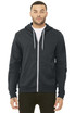 A unisex sponge fleece full-zip hoodie in a dark shade with a drawstring hood and front pockets.