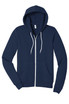 A navy unisex fleece full-zip hoodie featuring a front pocket and a drawstring hood, with a logo on the label.