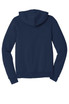 A navy blue unisex fleece full-zip hoodie with a hood and long sleeves, featuring a plain back.